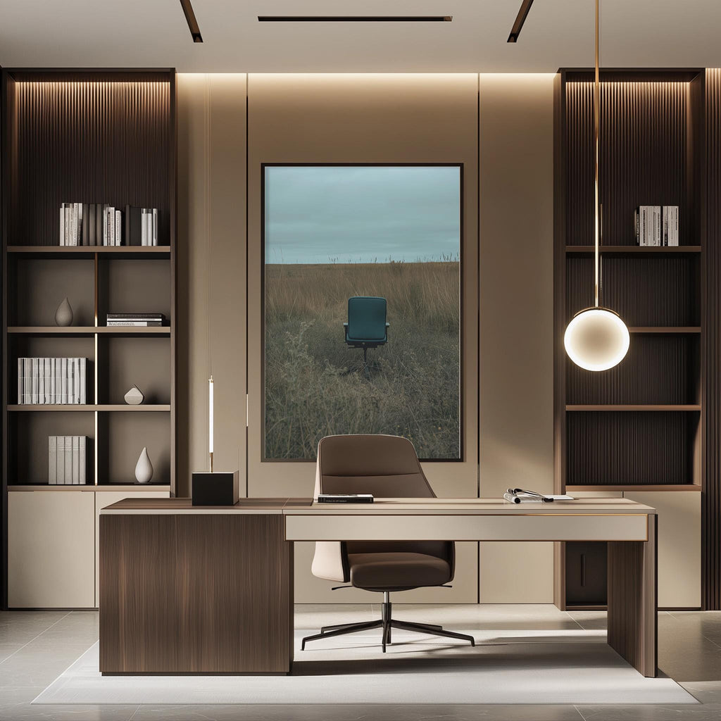a modern and minimalist office space with a large window overlooking a field, a wooden desk with a chair, and built-in bookshelves.