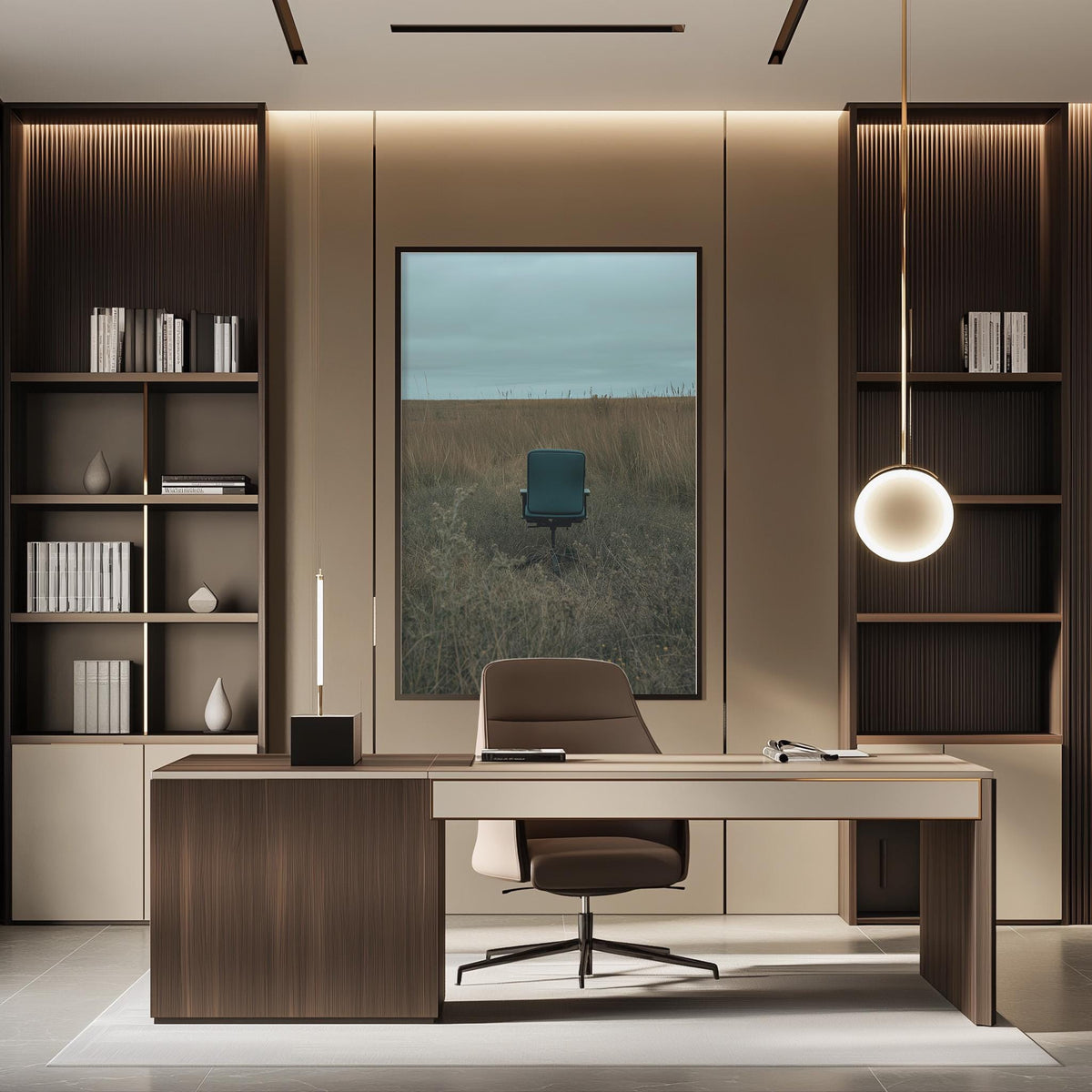 a modern and minimalist office space with a large window overlooking a field, a wooden desk with a chair, and built-in bookshelves.