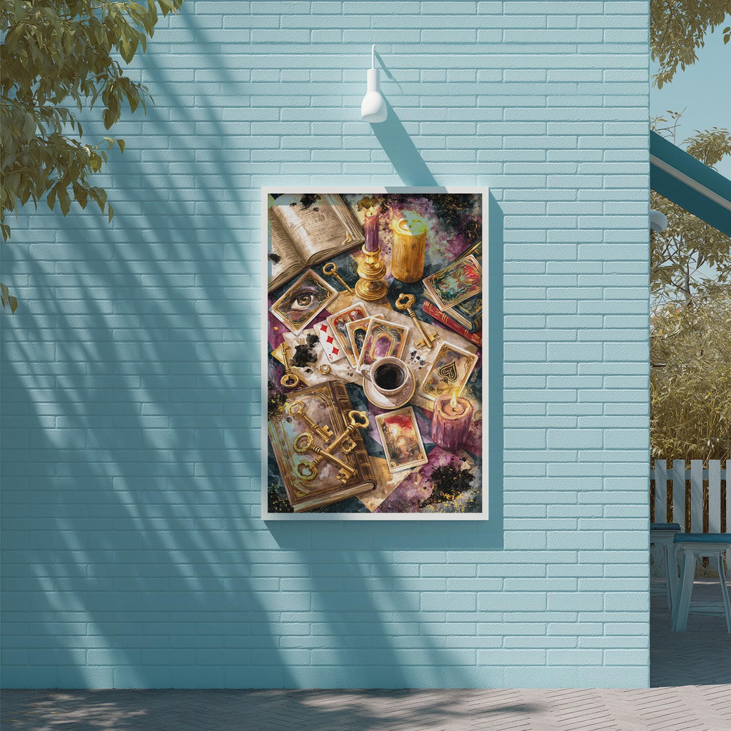 The image is a framed artwork displayed on a blue wall, depicting a variety of objects including books, cards, and a cup.