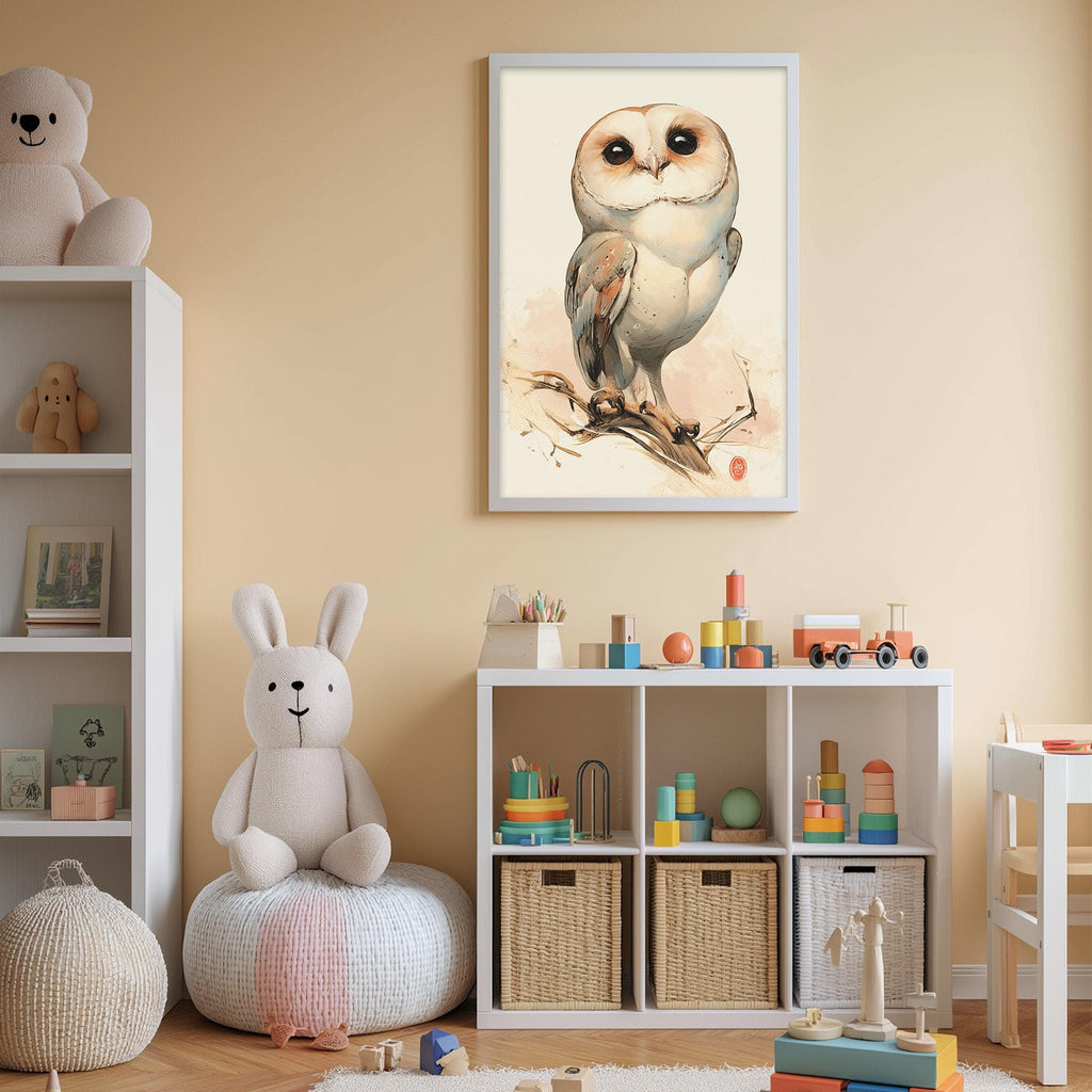 A cozy children's room with a white bookshelf, a plush rabbit, and a framed picture of an owl. The room also contains various toys and storage bins, creating a warm and inviting atmosphere.
