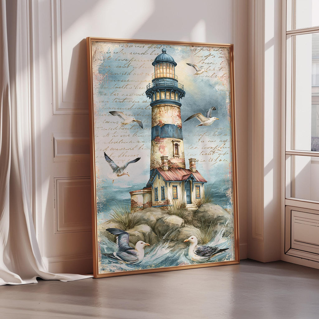 a large framed painting of a lighthouse surrounded by seagulls and a coastal landscape.