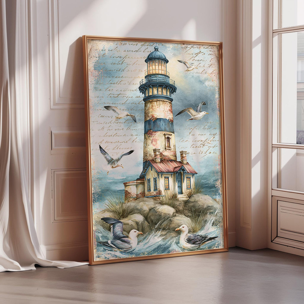 a large framed painting of a lighthouse surrounded by seagulls and a coastal landscape.