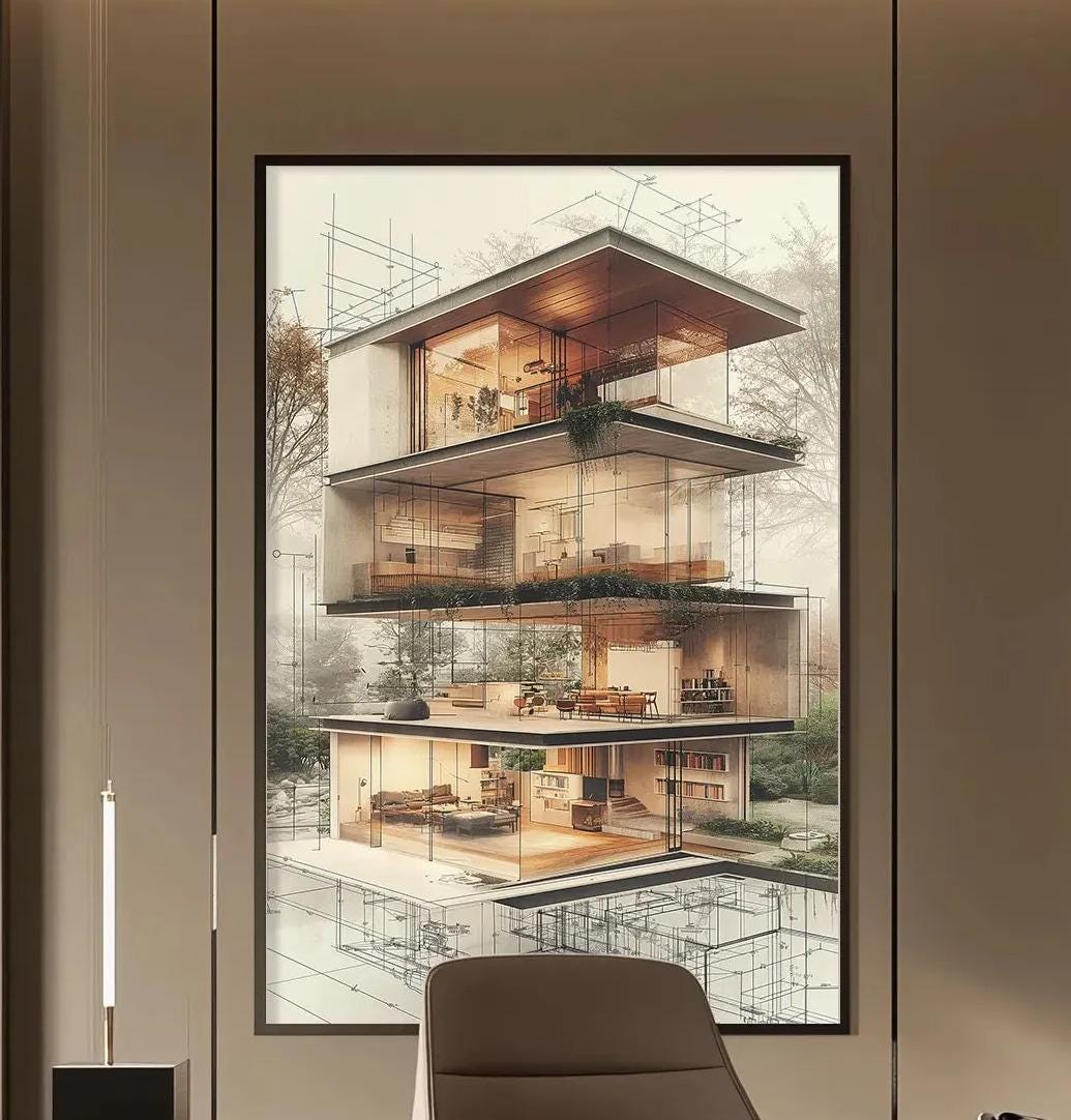 a modern and well-designed office space with a large window, wooden furniture, and a large painting of a building on the wall.
