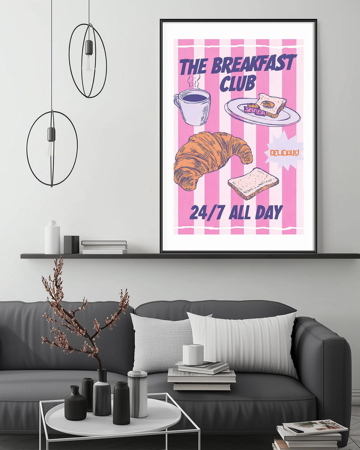 a poster advertising "The Breakfast Club" 24/7, with illustrations of breakfast items such as a croissant, toast, and coffee.