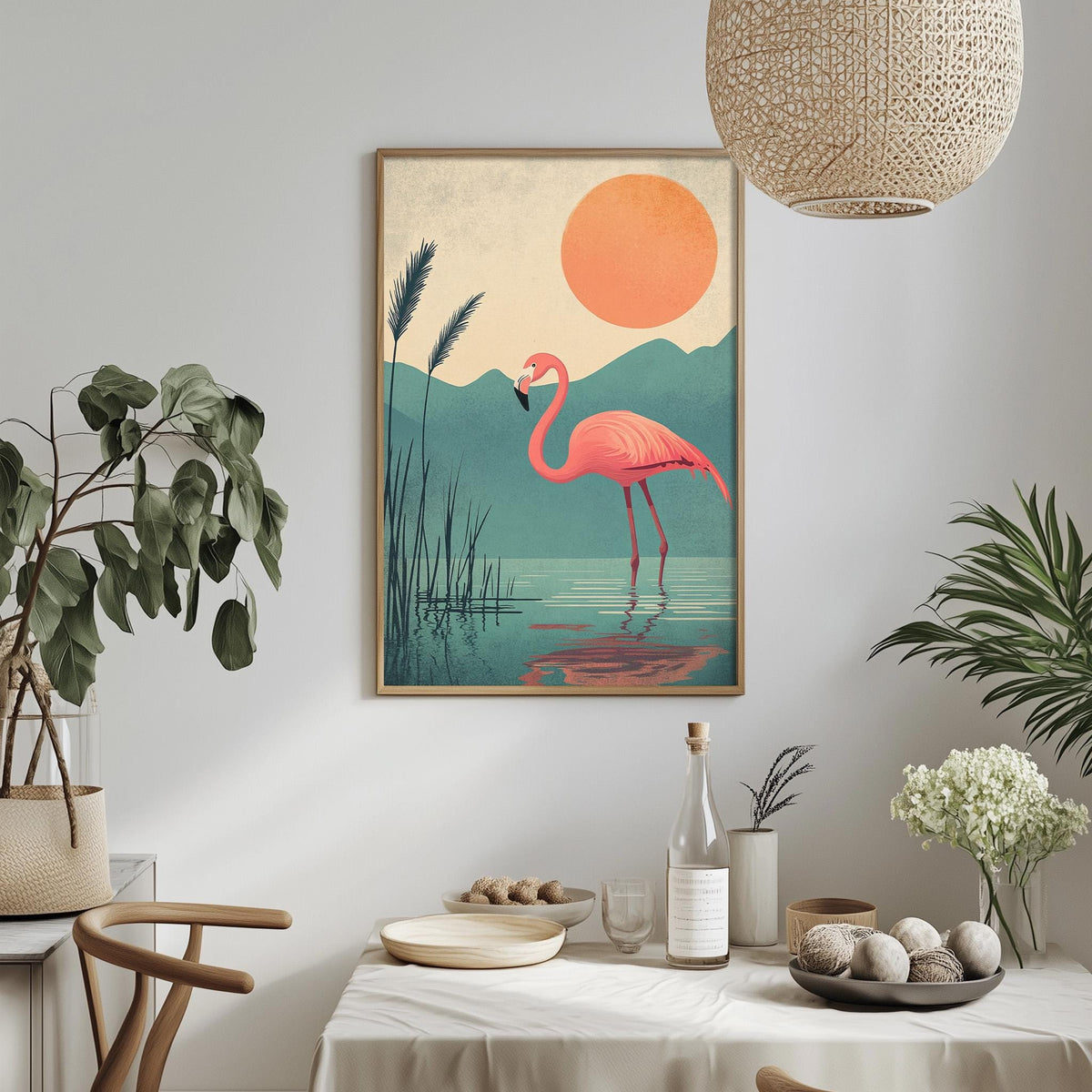 a framed painting of a pink flamingo standing in a body of water, with a large orange sun in the background. The painting is hung on a wall above a dining table with various decorative items and plants.