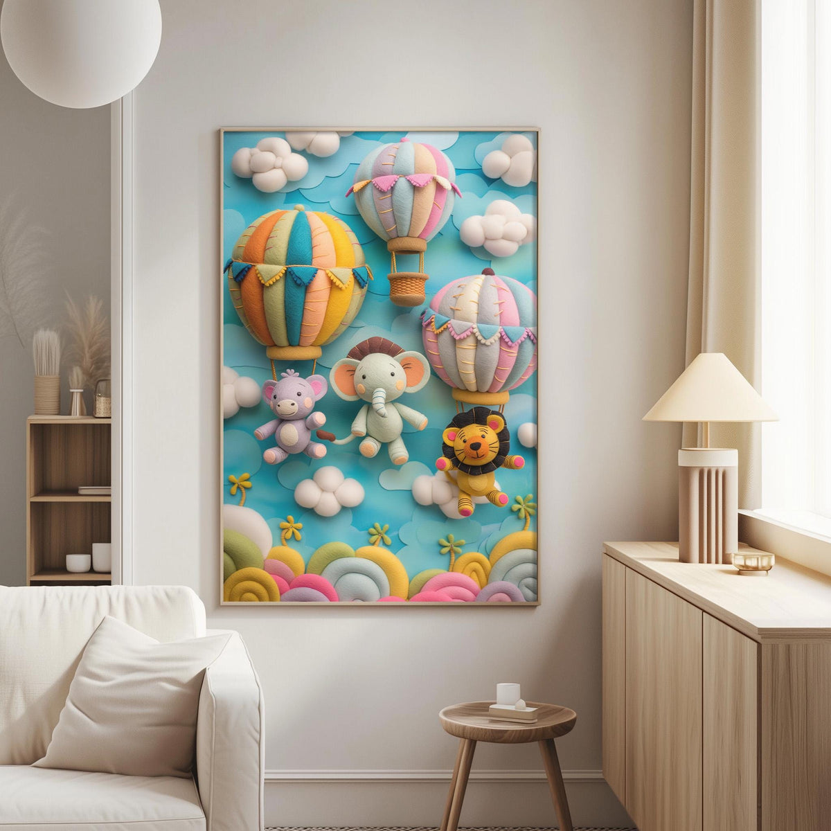 a vibrant and whimsical scene of a group of colorful hot air balloons floating in the sky, accompanied by various cartoon animal characters such as elephants, lions, and a giraffe. The balloons are depicted in different sizes and colors, creating a lively and playful atmosphere. The scene is set against a backdrop of a blue sky with fluffy white clouds, adding to the overall charm and appeal of the image.