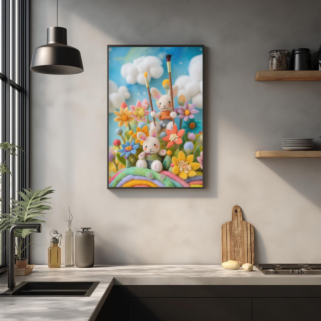 a whimsical painting of two rabbits in a garden, surrounded by colorful flowers and plants, hanging on a wall above a kitchen counter.