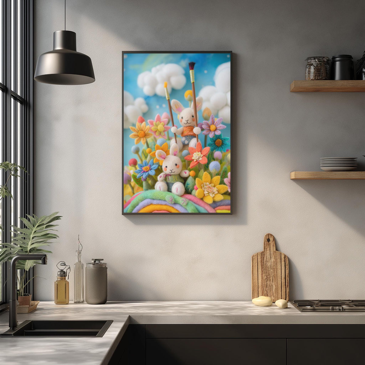 a whimsical painting of two rabbits in a garden, surrounded by colorful flowers and plants, hanging on a wall above a kitchen counter.