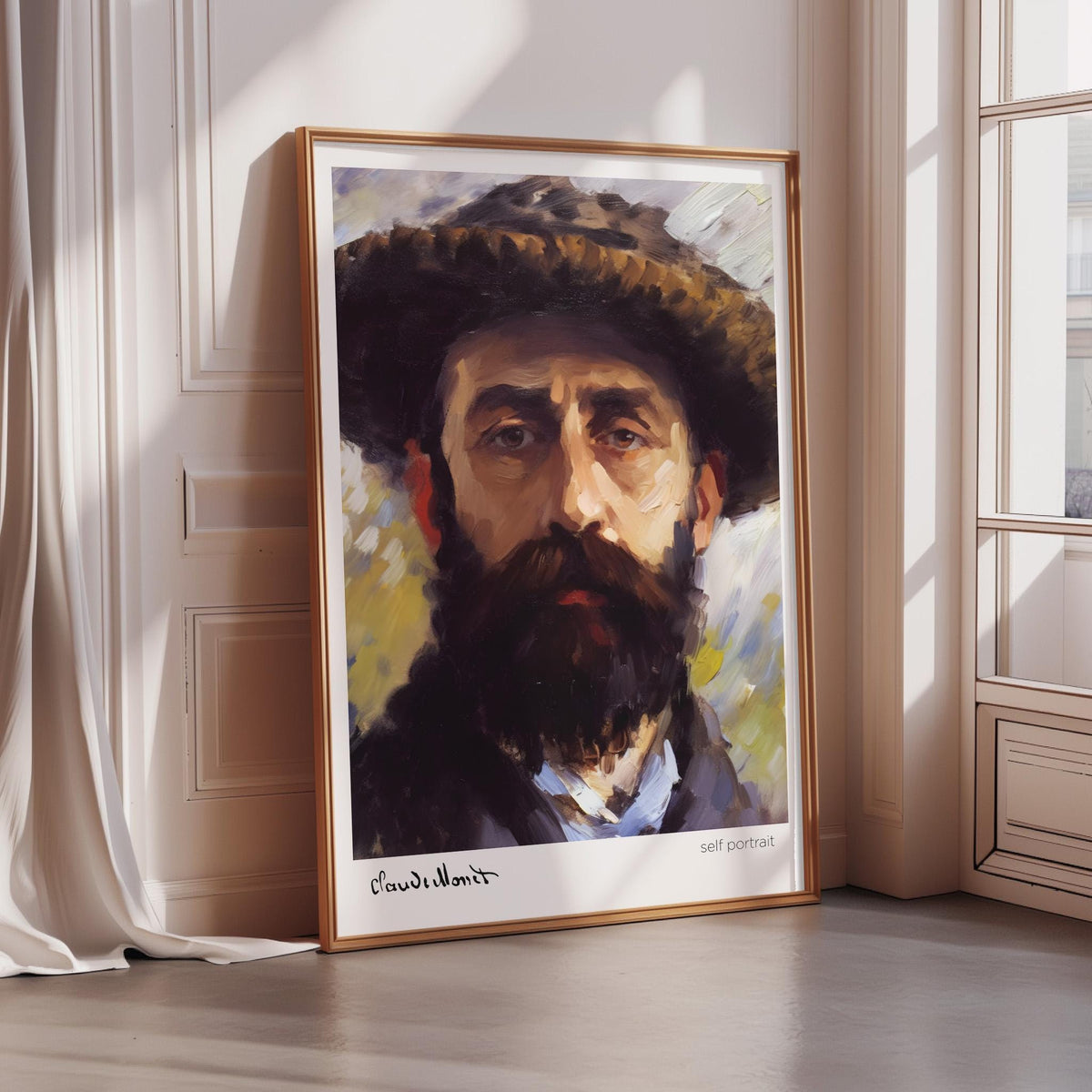A framed painting of a man with a beard and hat, depicting a portrait of a man.