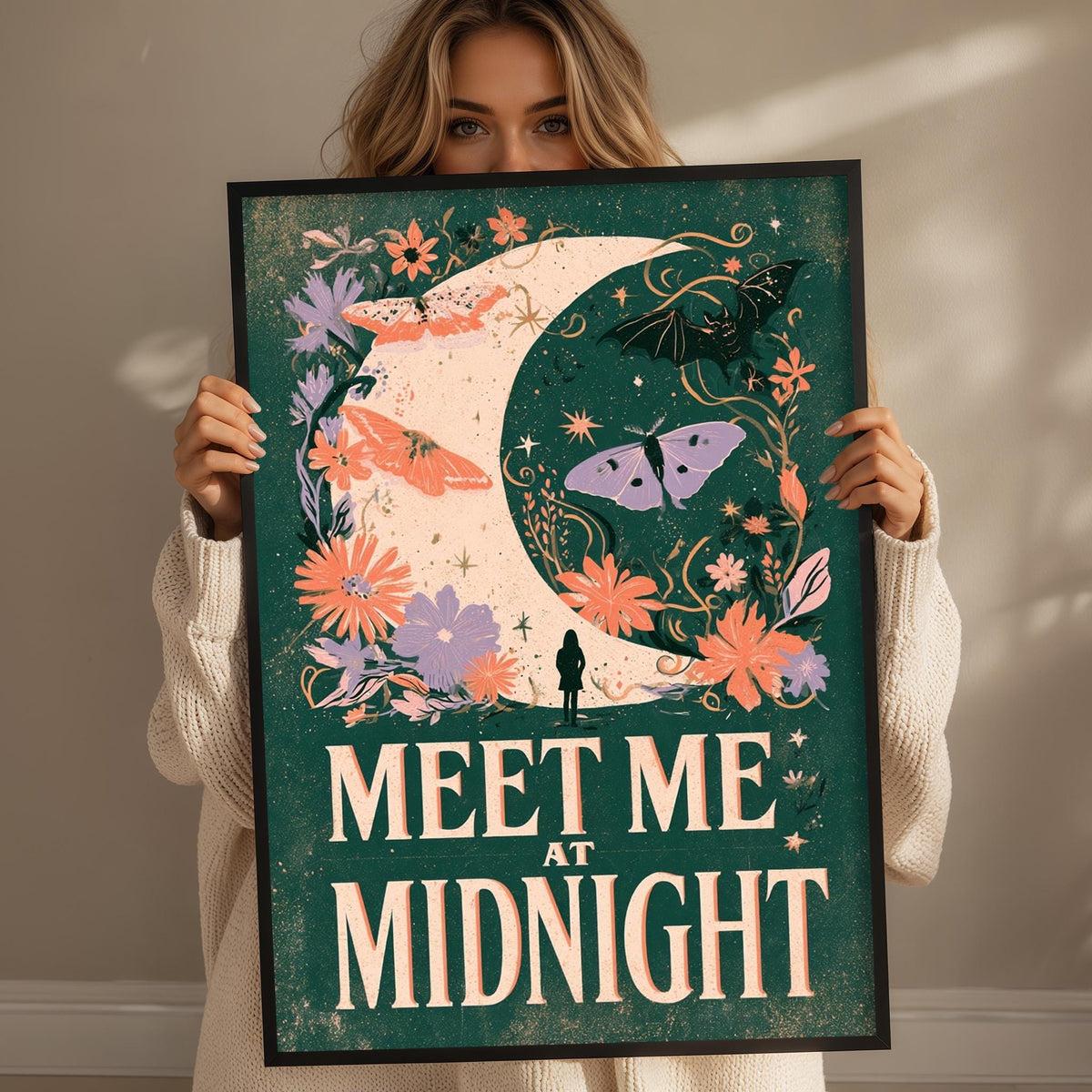A woman holding a framed poster with a crescent moon, flowers, butterflies, and the text "MEET ME AT MIDNIGHT"