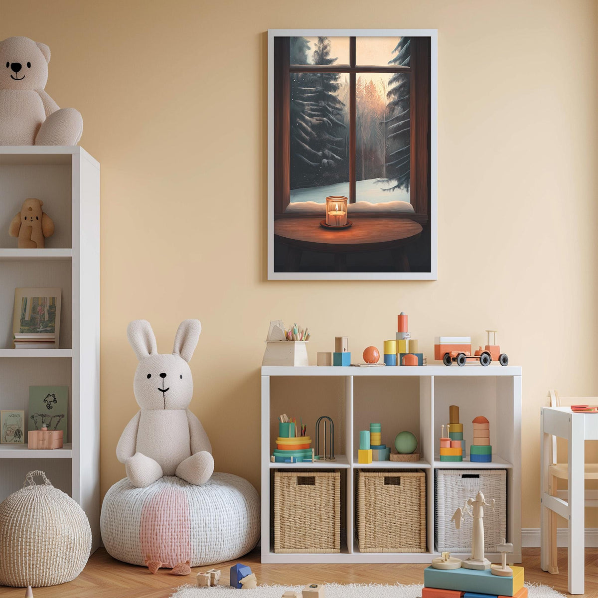 A cozy children's room with a large window overlooking a snowy landscape, featuring a teddy bear, a toy train, and a toy castle.