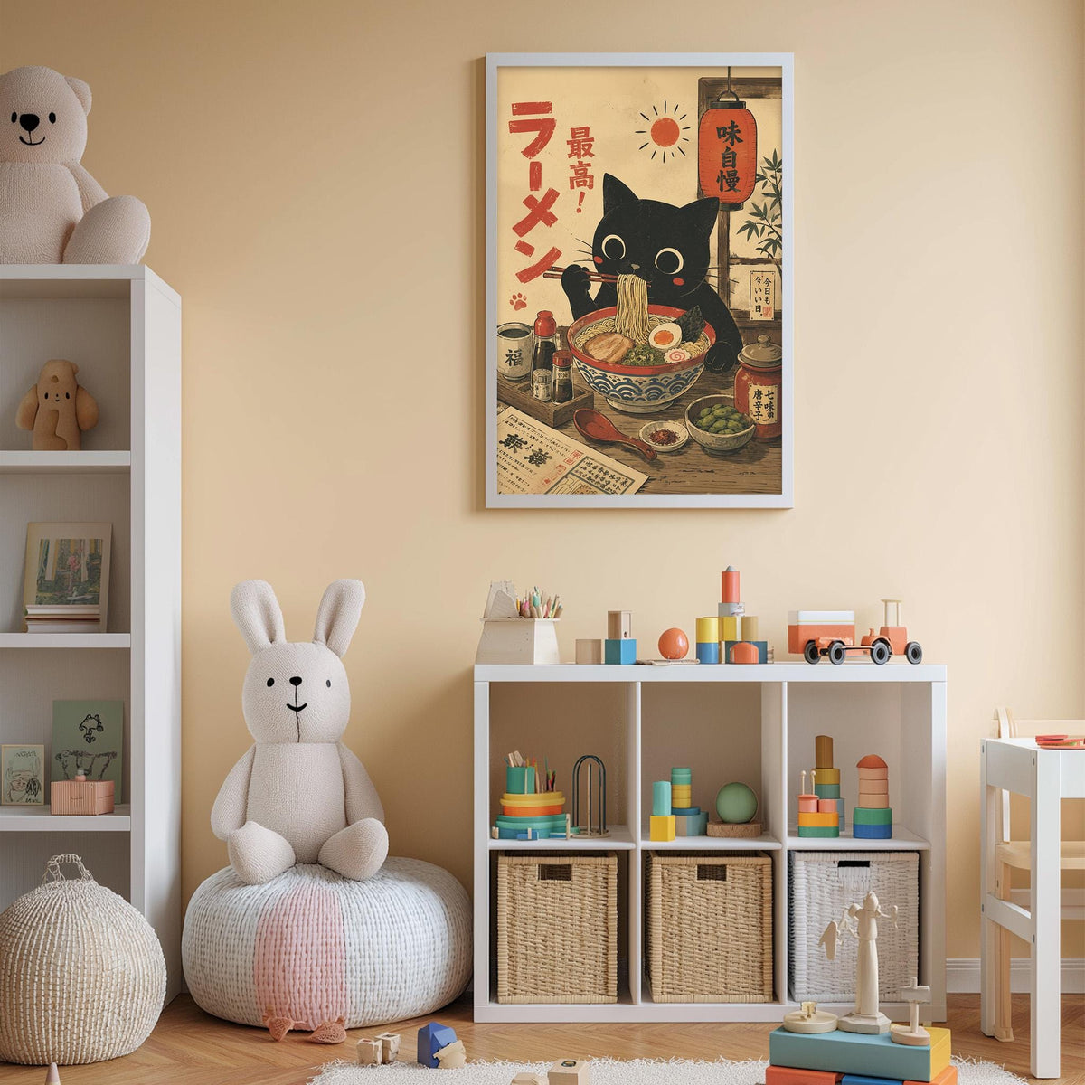 A child's bedroom with a white bookshelf, a stuffed rabbit, and a framed poster featuring a cat eating noodles.