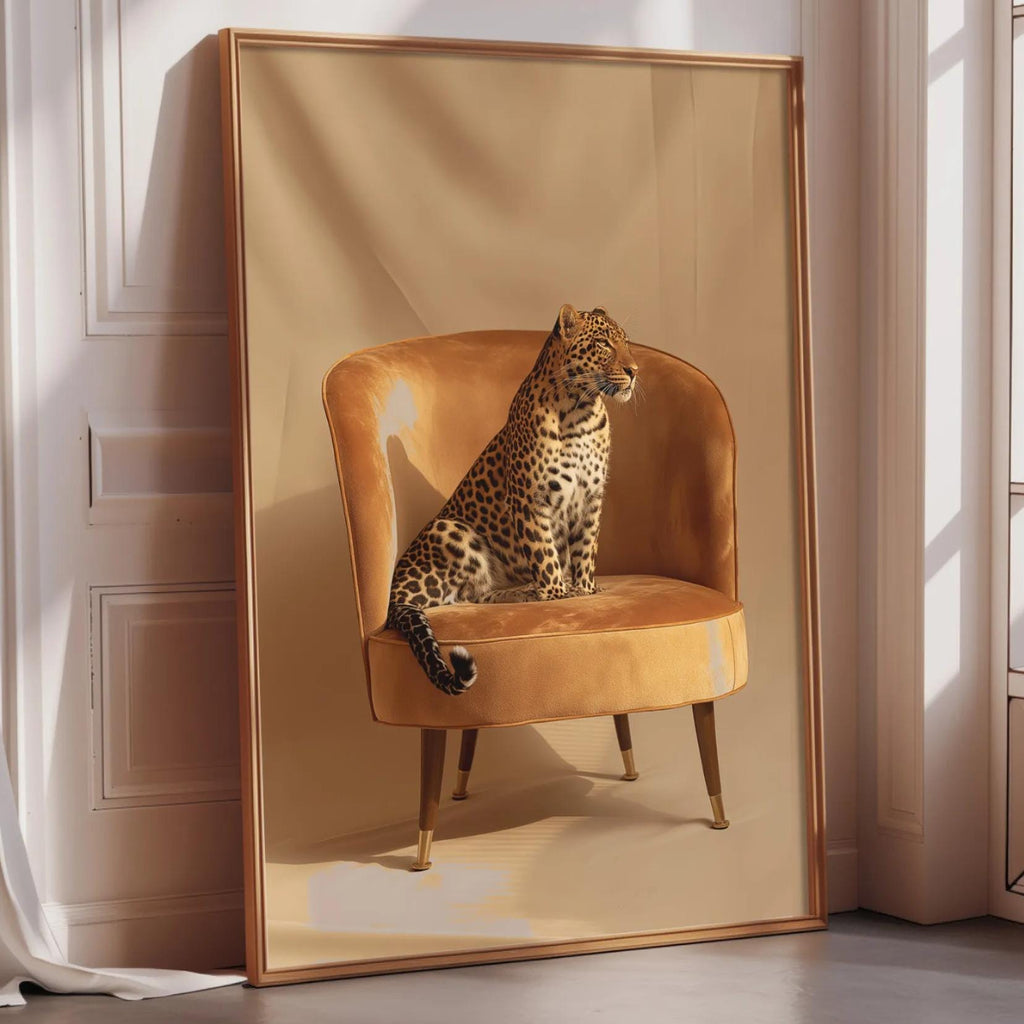 A leopard sitting on an orange armchair in a room with a large mirror.