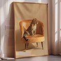 A leopard sitting on an orange armchair in a room with a large mirror.
