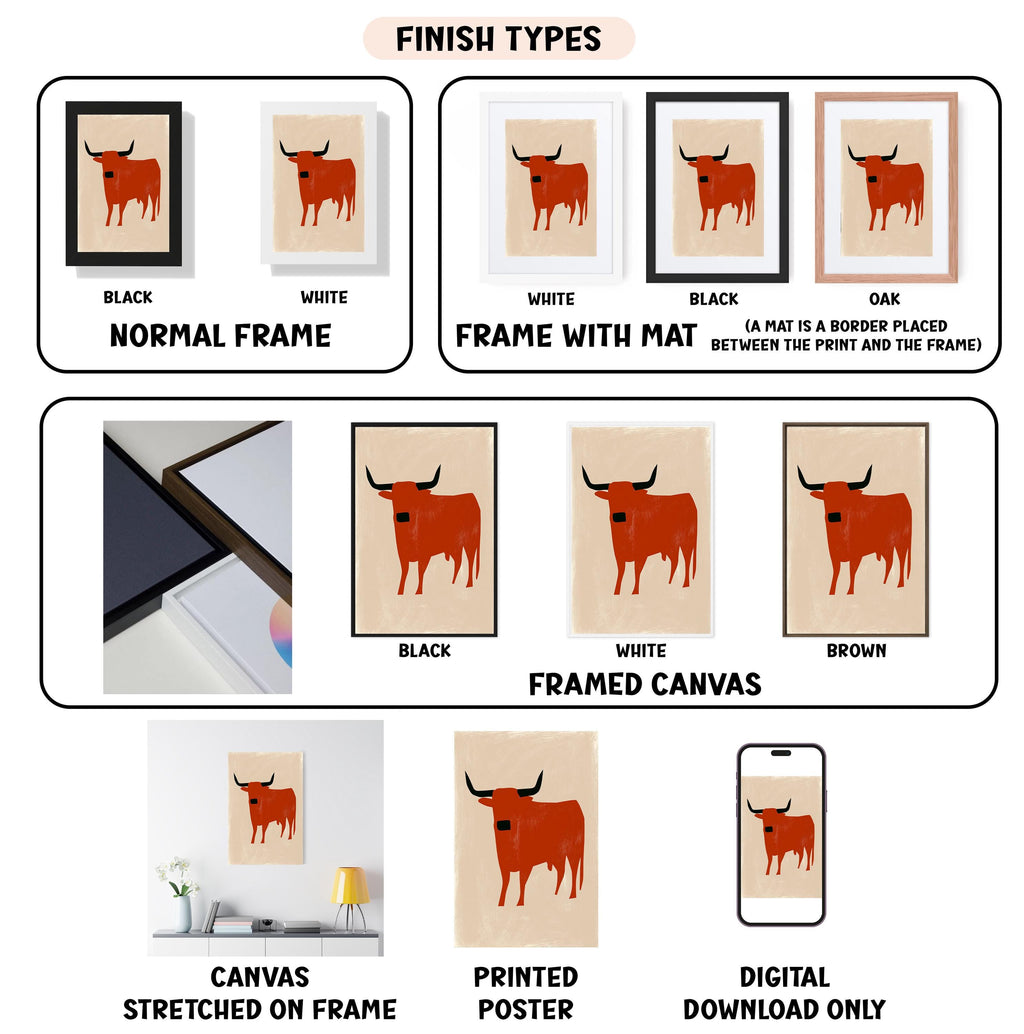 various images of a bull, each framed in different colors and styles, including black, white, and brown. The images are labeled with the finish types, such as "NORMAL FRAME", "FRAME WITH MAT", "BLACK", "WHITE", "BLACK", "OAK", "NORMAL FRAME", "FRAME WITH MAT", "WHITE", "BLACK", "BROWN", "FRAMED CANVAS", "CANVAS STRETCHED ON FRAME", "PRINTED POSTER", and "DIGITAL DOWNLOAD ONLY".