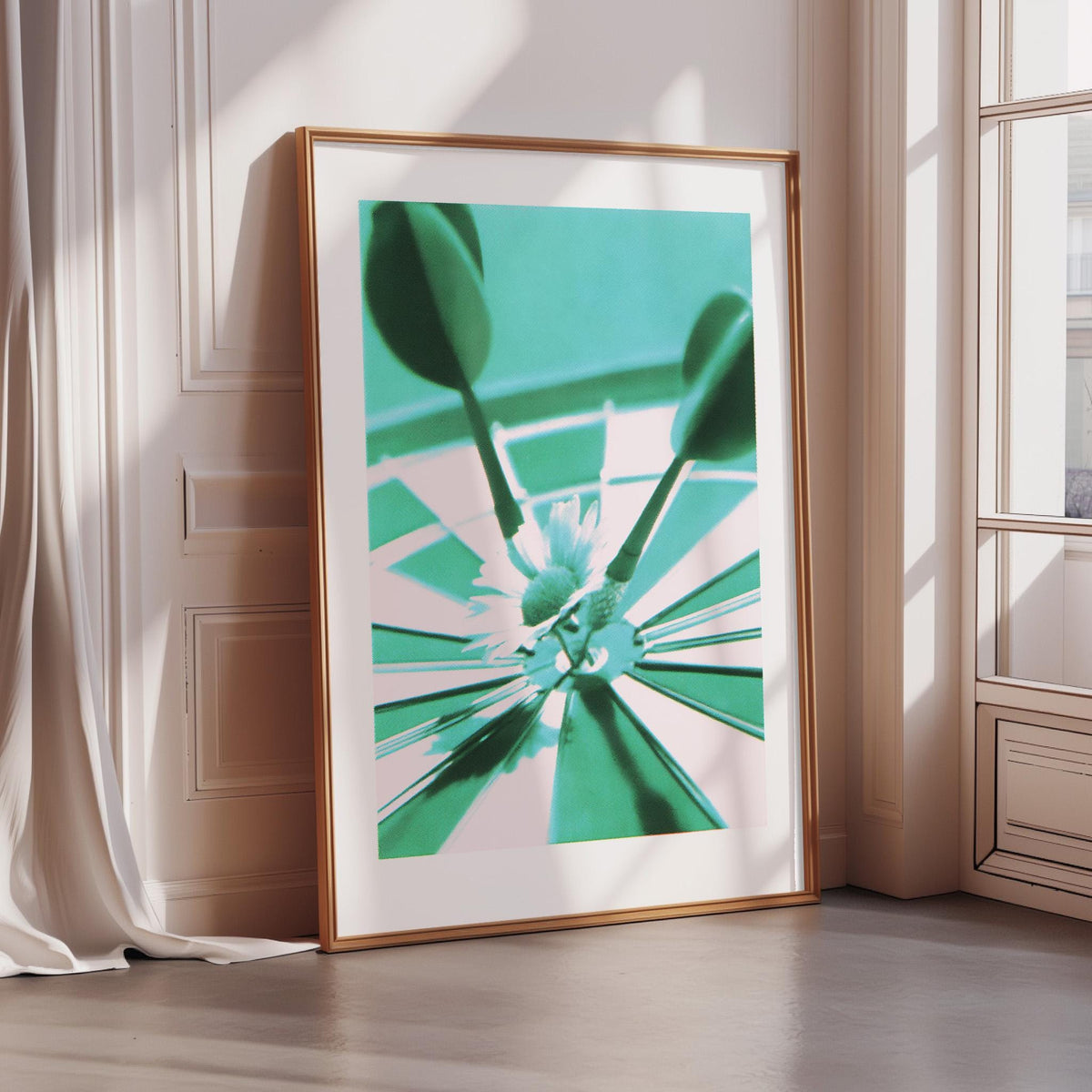 a large framed artwork depicting a close-up of a flower with green stems and leaves, set against a background of green and white.
