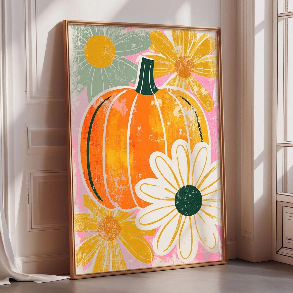 a large, colorful painting of a pumpkin and flowers, including a large orange pumpkin and two yellow flowers, displayed on a wall.