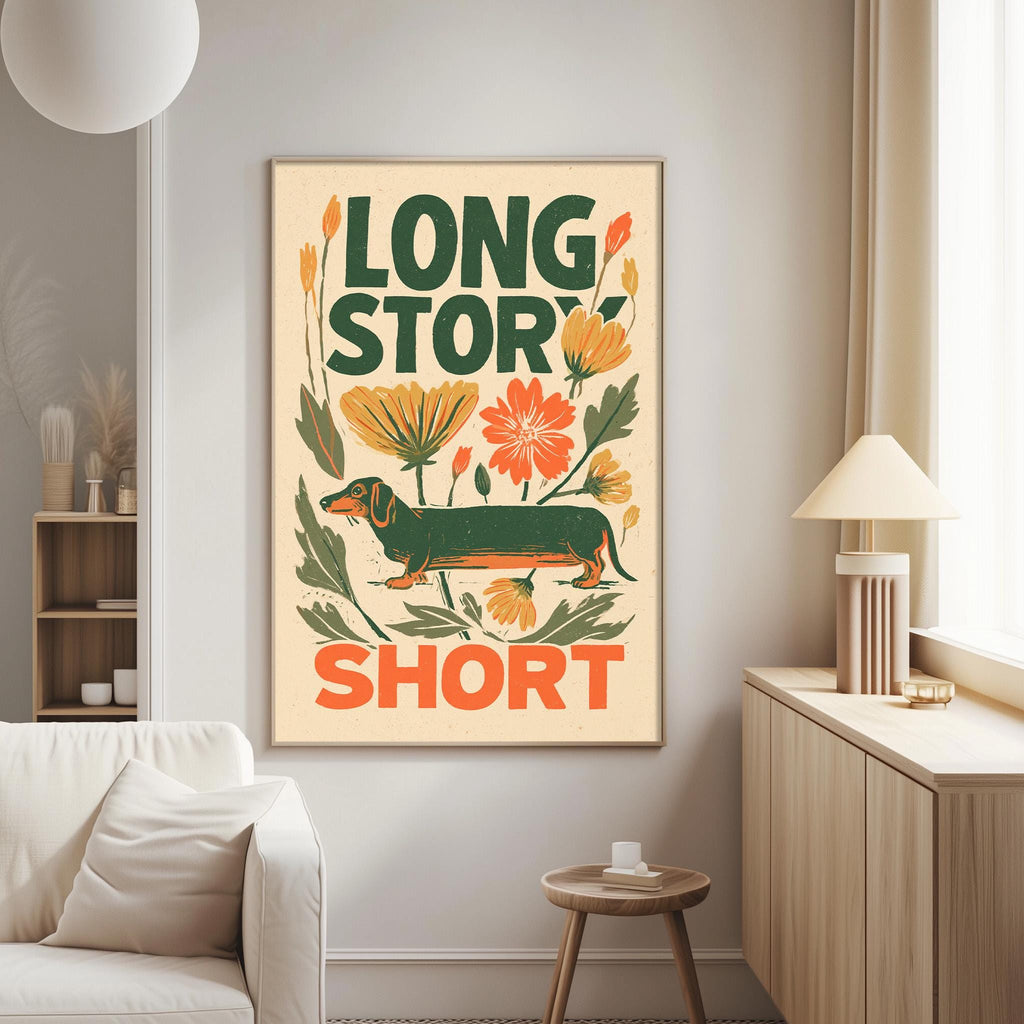 a poster with a dog and flowers on the wall, and the text "LONG STORY SHORT" is displayed prominently.