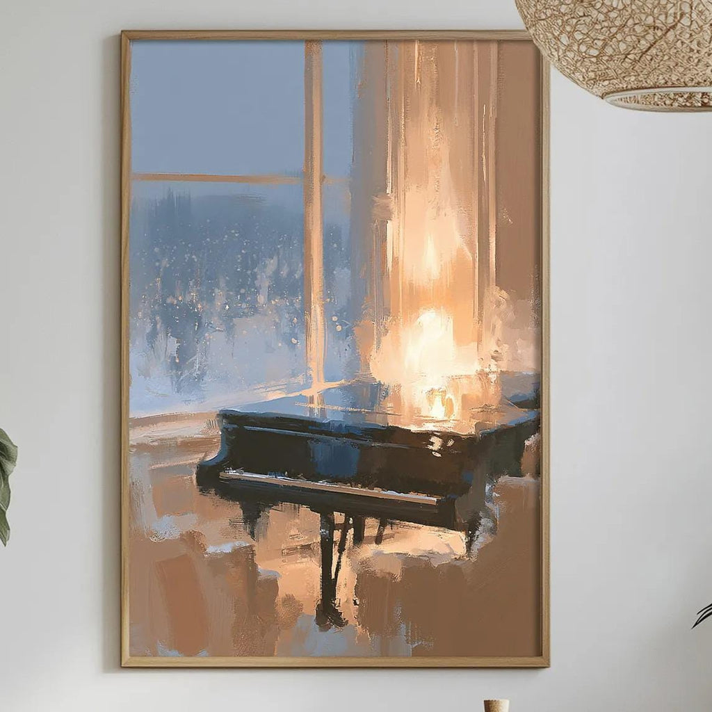 a dining table with a white tablecloth, a vase of white flowers, a bottle of wine, and a framed painting of a piano.