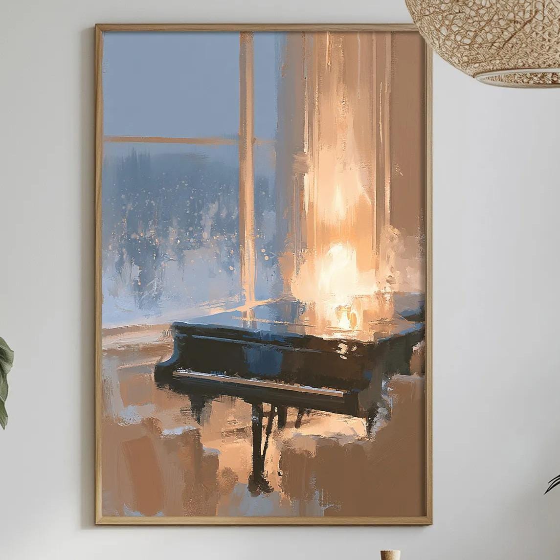 a dining table with a white tablecloth, a vase of white flowers, a bottle of wine, and a framed painting of a piano.