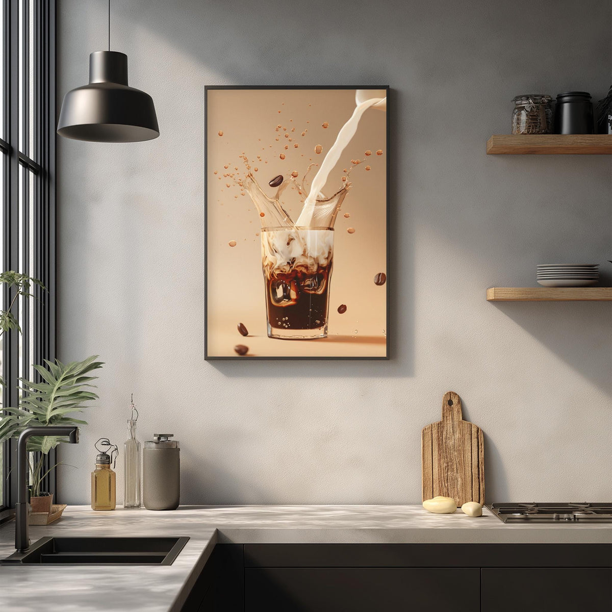 a kitchen counter with various items, including a framed picture of a glass of coffee with milk splashing out of it, a wooden cutting board, and some kitchen accessories.