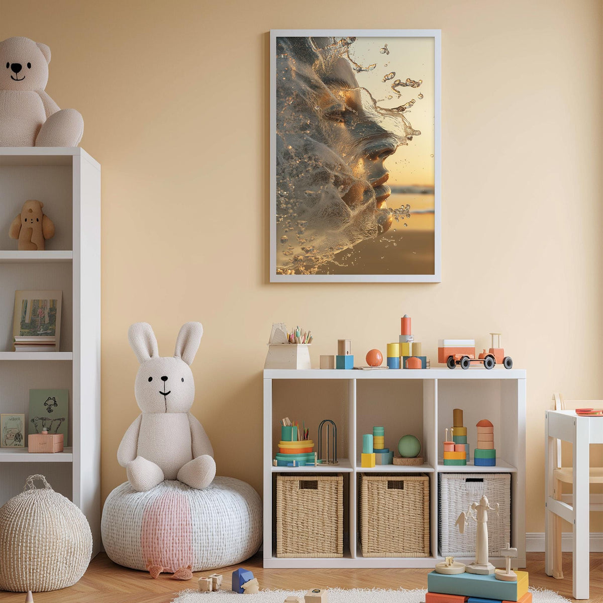 A child's bedroom with a white bookshelf, a stuffed rabbit, and a colorful toy set. The walls are painted a light peach color, and there is a framed picture of a woman's face on the wall.