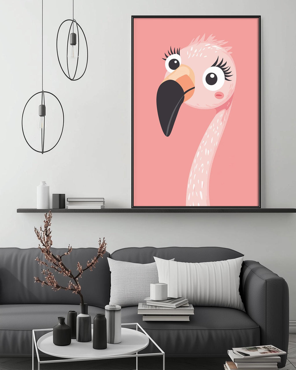 a large, colorful painting of a pink flamingo on a wall above a gray couch in a living room setting.