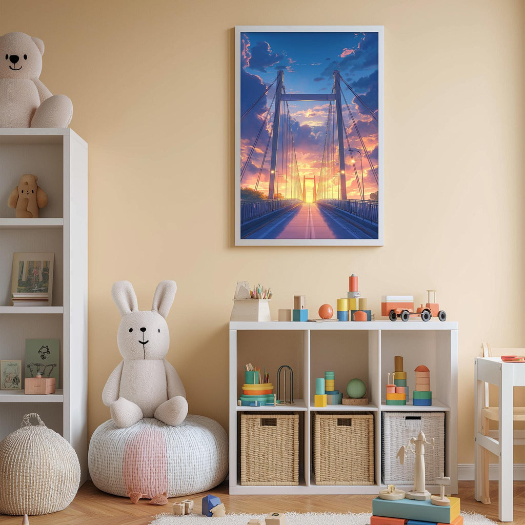 A cozy children's room with a large stuffed bunny, a bookshelf, and a colorful toy box filled with various toys. A framed picture of a bridge with a sunset in the background is displayed on the wall above the toy box.