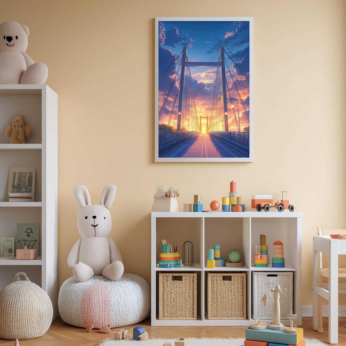 A cozy children's room with a large stuffed bunny, a bookshelf, and a colorful toy box filled with various toys. A framed picture of a bridge with a sunset in the background is displayed on the wall above the toy box.