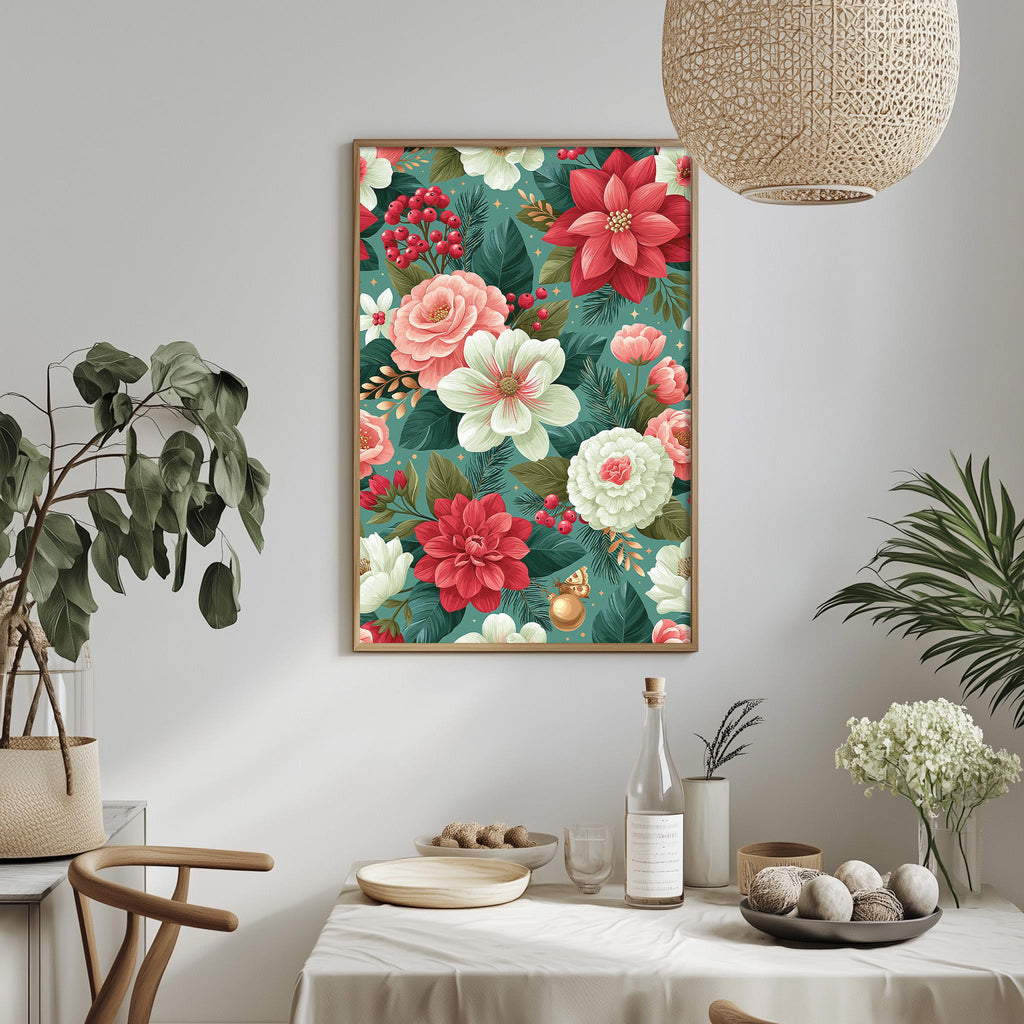 a dining table with a white tablecloth, a vase of flowers, a bottle, and a bowl of fruit. Above the table, there is a framed picture of a floral arrangement.