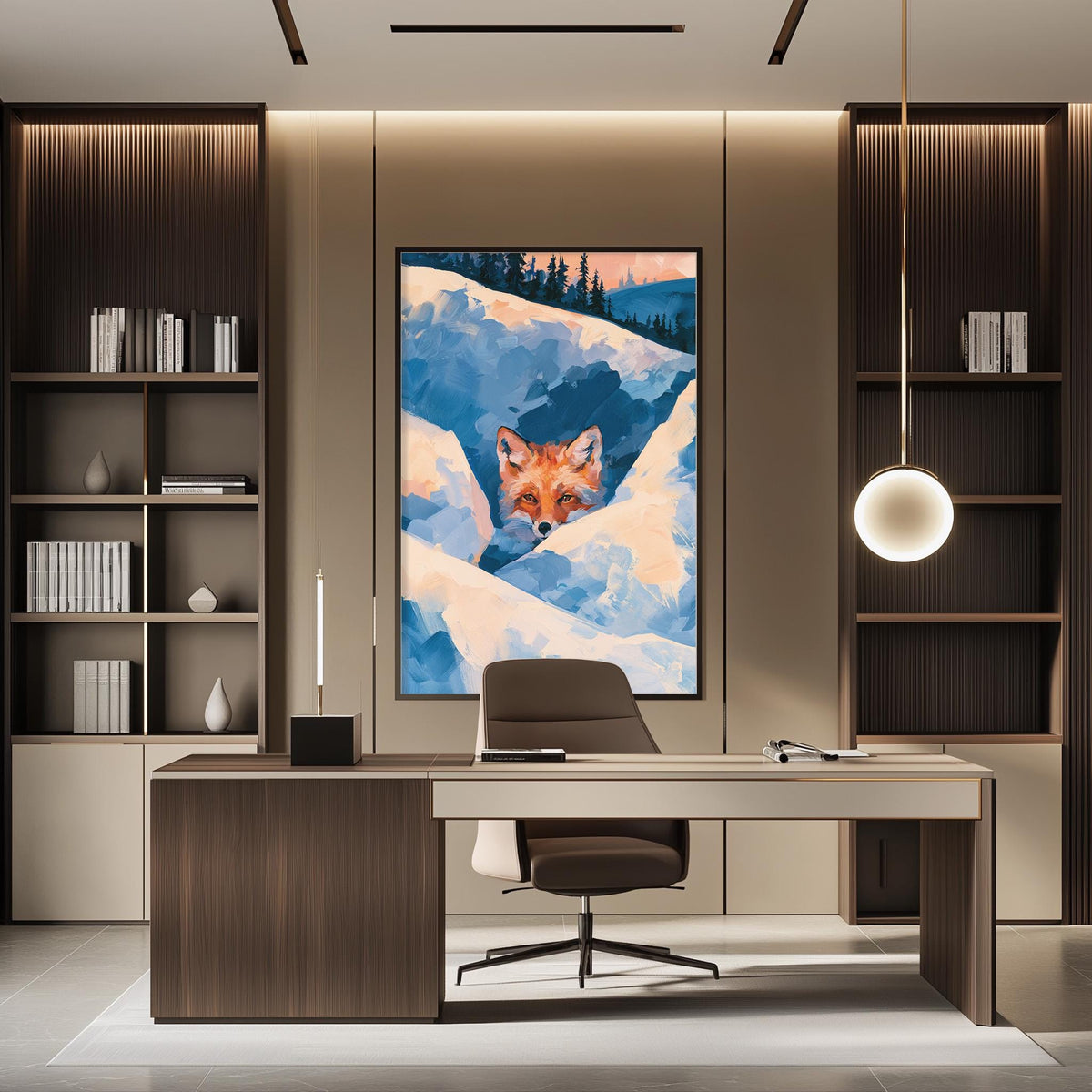a modern office space with a large framed painting of a fox on the wall, a wooden desk with a chair, and built-in bookshelves.