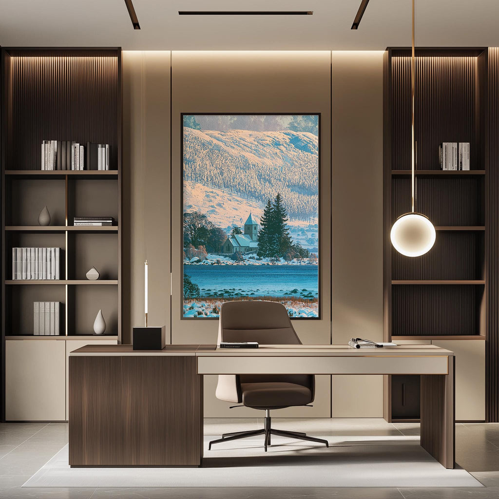 a modern office space with a large window that provides a scenic view of a snowy mountain landscape. The office is furnished with a desk, chair, and shelving units, creating a professional and organized atmosphere.