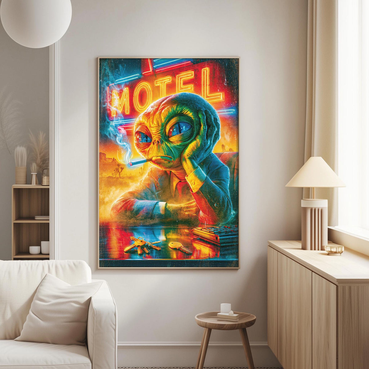 a vibrant, colorful painting of an alien character with a cigarette in its mouth, set against a neon motel sign. The painting is displayed on a wall in a living room, with a white couch and a small table nearby.