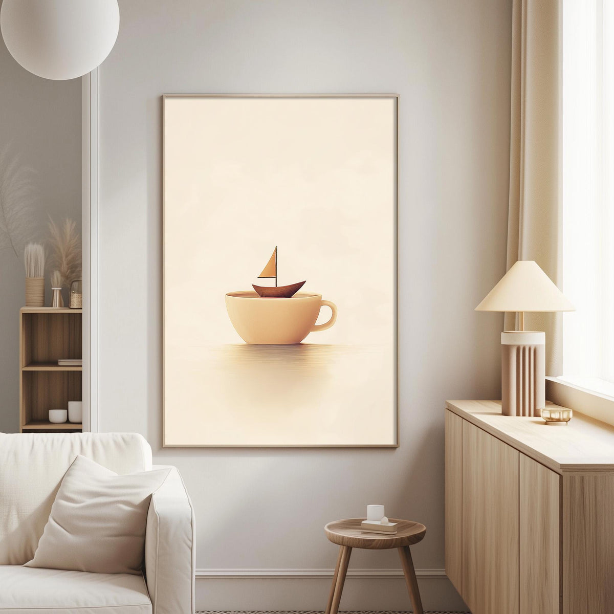 a cozy living room with a white sofa, a wooden side table, and a framed artwork featuring a small sailboat on a cup.