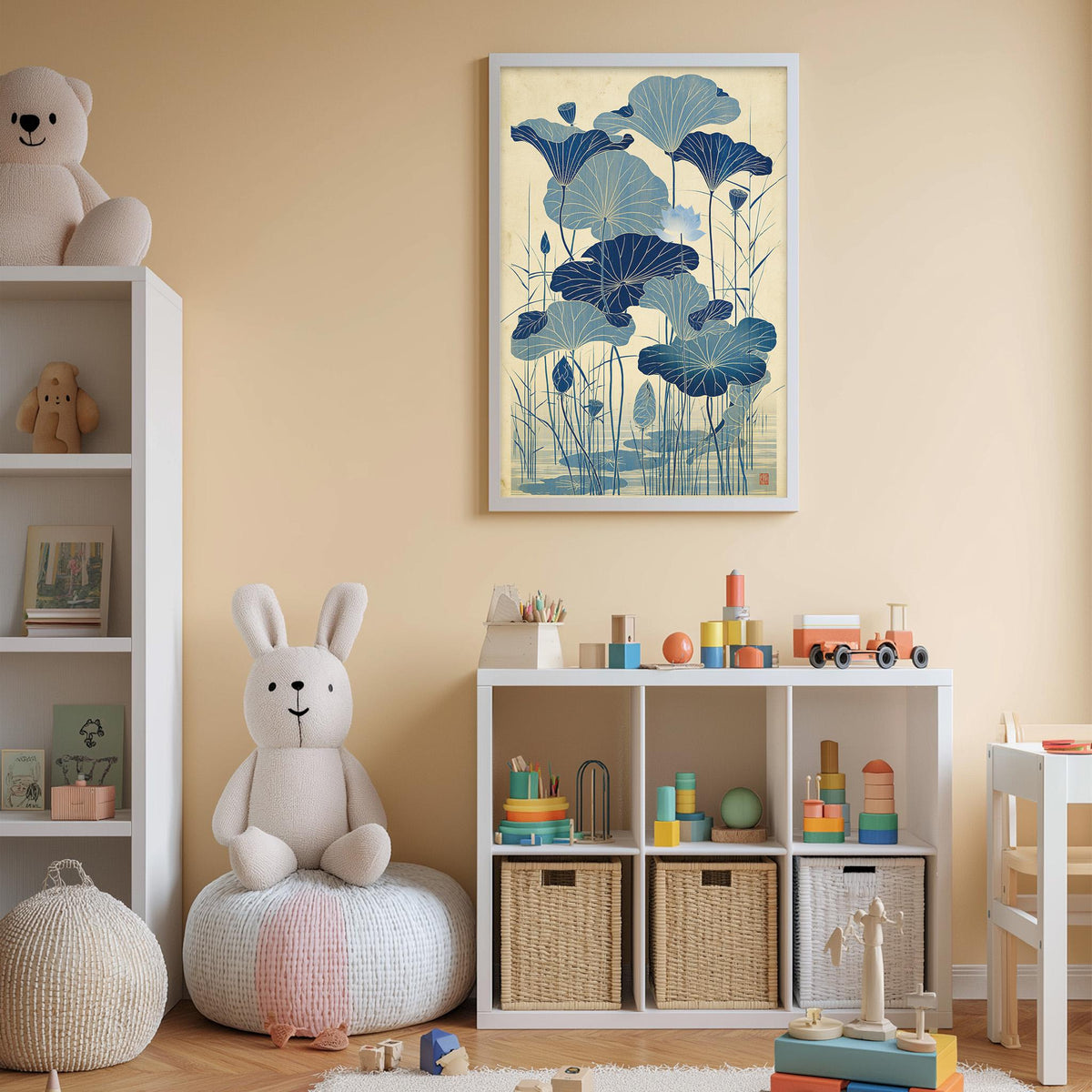 A cozy and colorful children's bedroom with a large stuffed bunny, a bookshelf, and a toy chest filled with toys. The walls are painted a light peach color, and there is a framed print of blue flowers hanging on the wall.