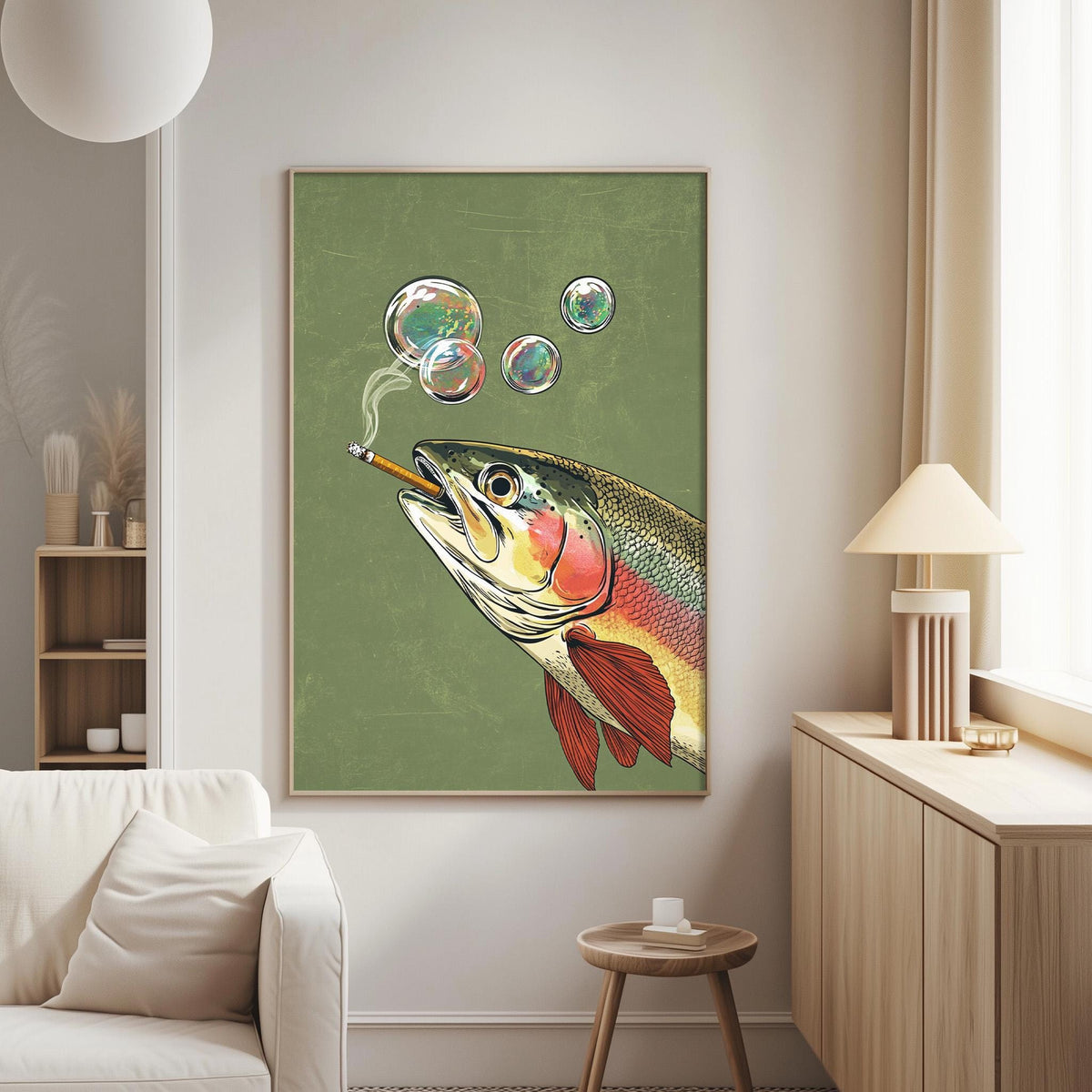 a large fish painting hanging on a wall in a living room.