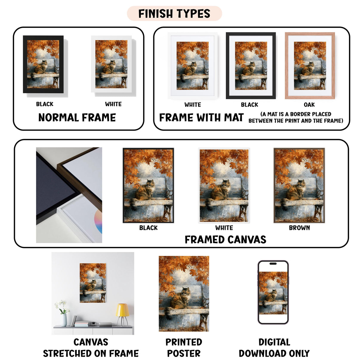 various types of artwork, including paintings, framed prints, and digital art, each with different finishes and mat colors.
