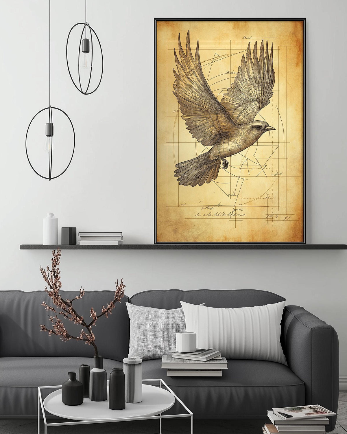a large framed artwork of a bird in flight, hanging on a wall above a gray couch in a living room setting.