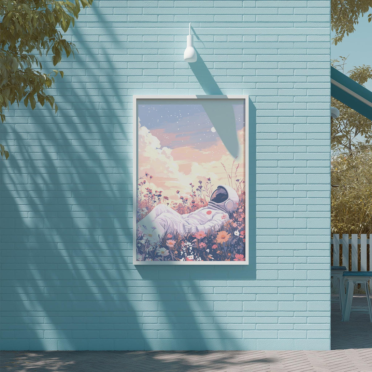 a blue brick wall with a framed painting of an astronaut floating in a field of flowers and plants.