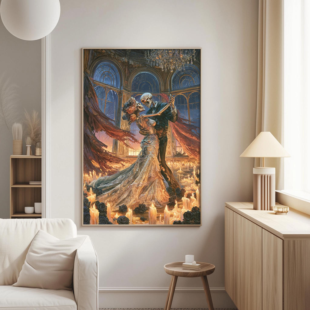 a large, colorful painting of a couple dancing in an ornate, fantastical setting, with a chandelier hanging above them. The painting is displayed on the wall of a living room, with a white sofa and a wooden side table visible in the foreground.