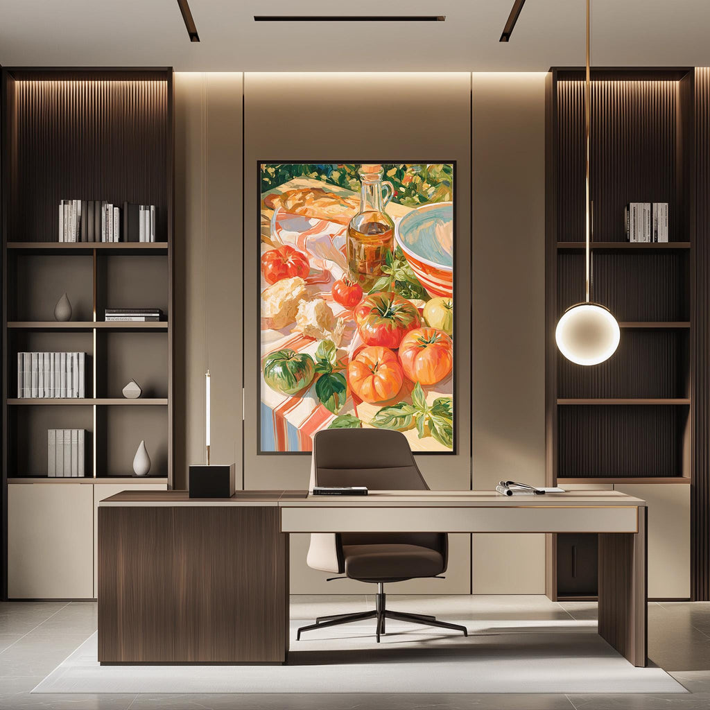 a modern office space with a large painting of a still life of food items on the wall. The painting features a variety of fruits and vegetables, including tomatoes, apples, and bread. The office has a wooden desk and chair, and a bookshelf filled with books and decorative items. The overall design and decor create a warm and inviting atmosphere.