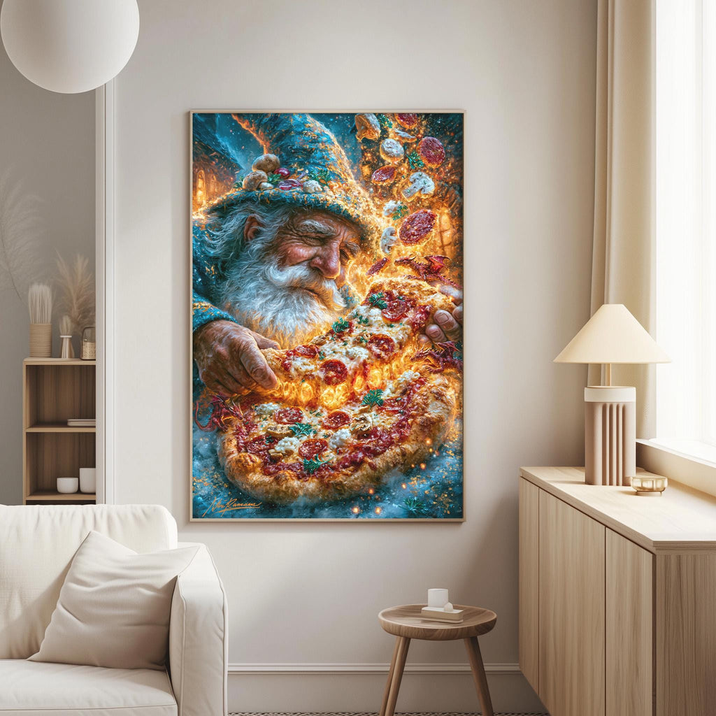 a large, colorful painting of a wizard holding a pizza, with a warm and inviting atmosphere.
