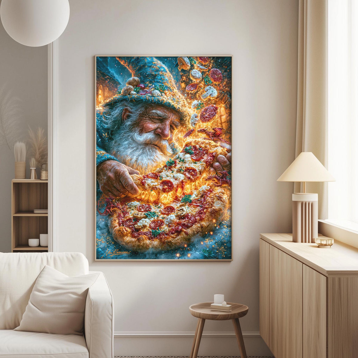 a large, colorful painting of a wizard holding a pizza, with a warm and inviting atmosphere.
