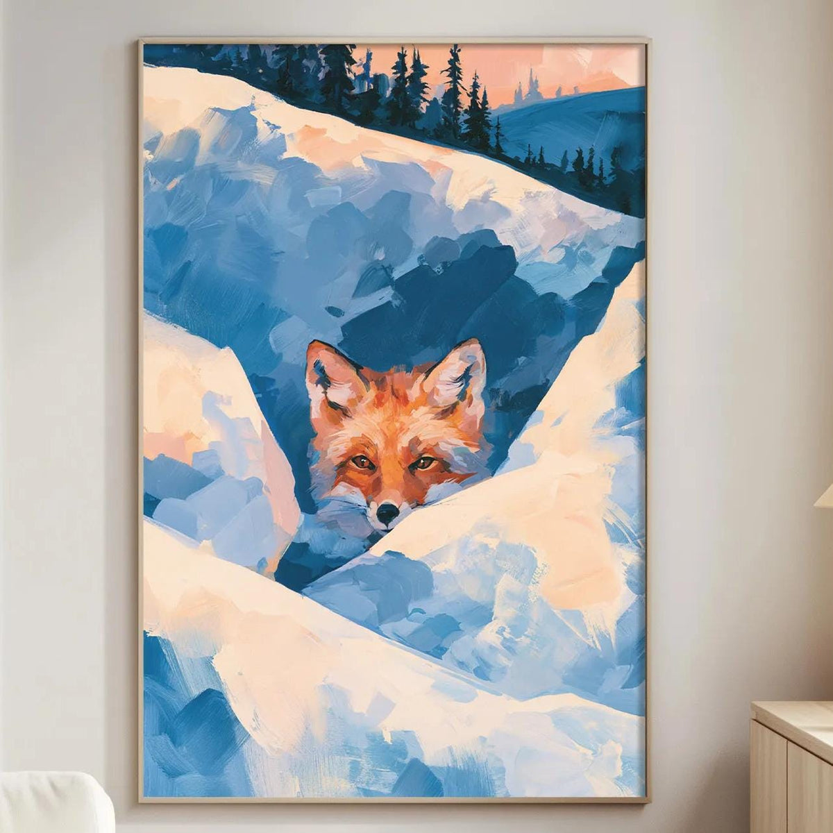 a large painting of a fox peeking out from a snowy landscape, hanging on a wall in a cozy living room setting.