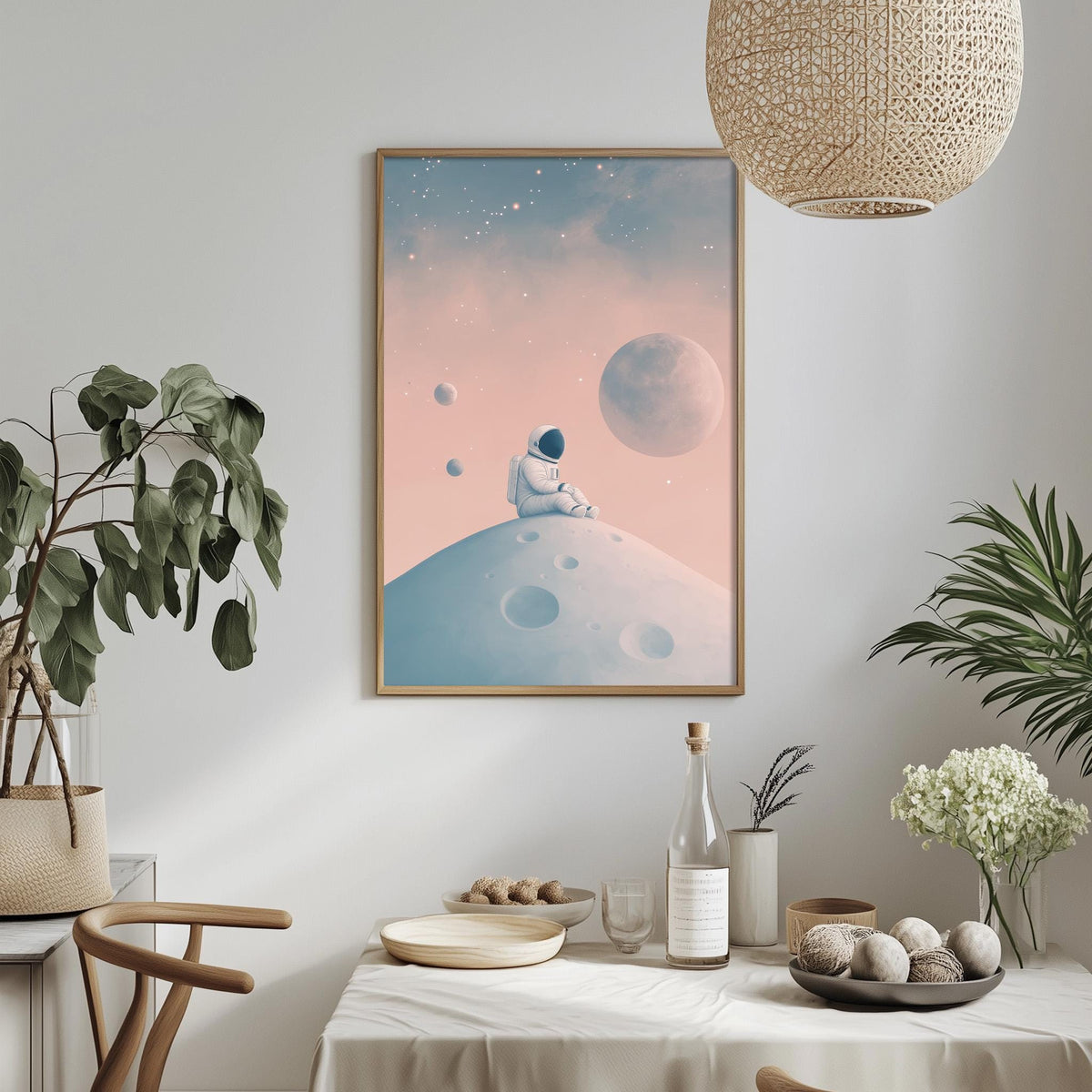 a framed artwork depicting an astronaut sitting on a moon-like surface, surrounded by planets and stars, with a plant and a table with a bottle and a bowl of fruit in the foreground.