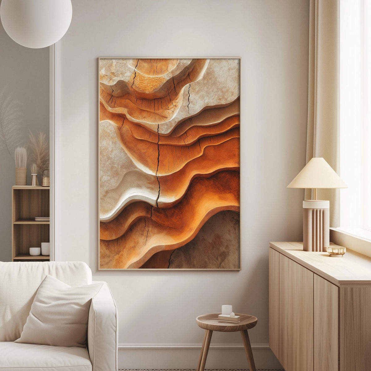 a large abstract painting with a striking color palette of orange and brown, hanging on a white wall in a modern living room setting.