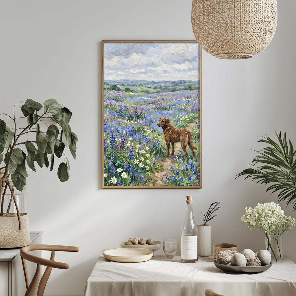 a painting of a dog standing in a field of flowers, with a table set with plates, bowls, and a bottle of wine in the foreground.
