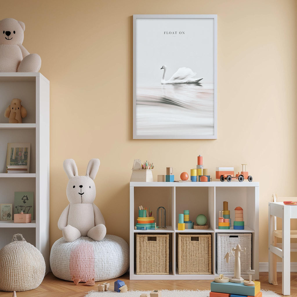 A cozy children's room with a white rabbit sitting on a bean bag chair, surrounded by shelves filled with toys and books, and a framed picture of a swan on the wall.