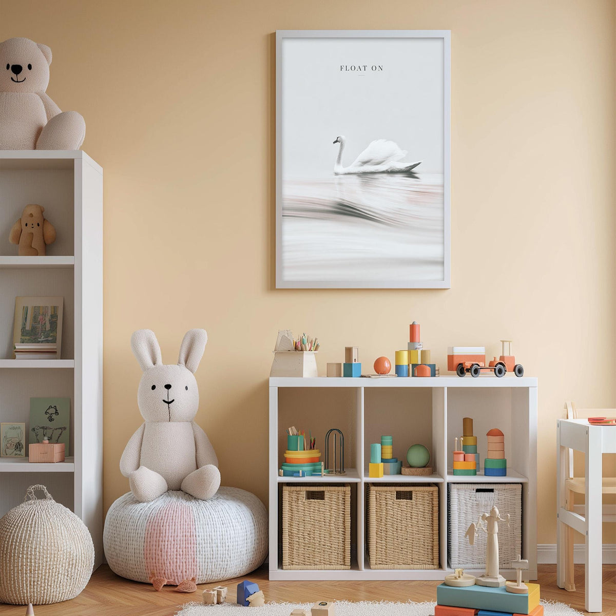 A cozy children's room with a white rabbit sitting on a bean bag chair, surrounded by shelves filled with toys and books, and a framed picture of a swan on the wall.