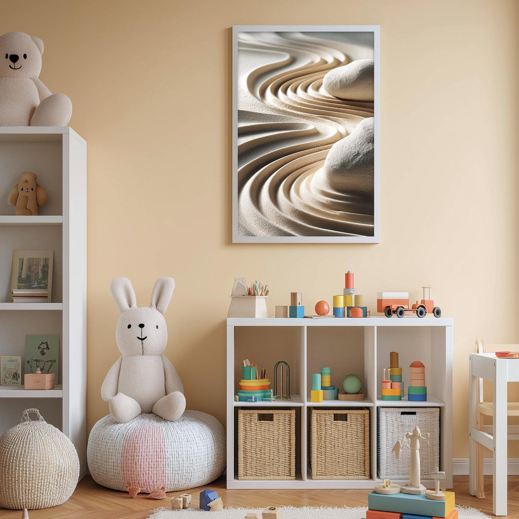 A cozy and colorful children's playroom with a large stuffed rabbit, a bookshelf, and a toy storage unit filled with toys and toys.